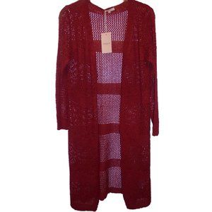 Cardigan Sweater NEW Knit dark red Duster long sleeve see-through